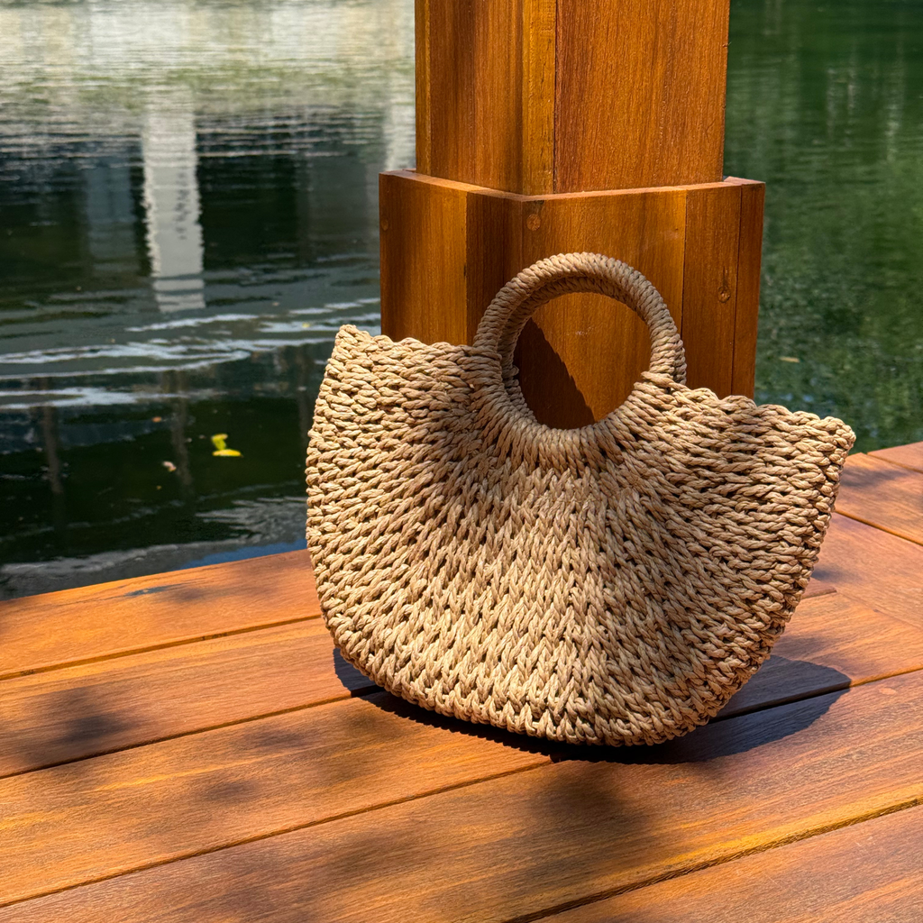DrifWoo - Handwoven Artisanal Half-moon Straw Tote Bags  - Beige / XS