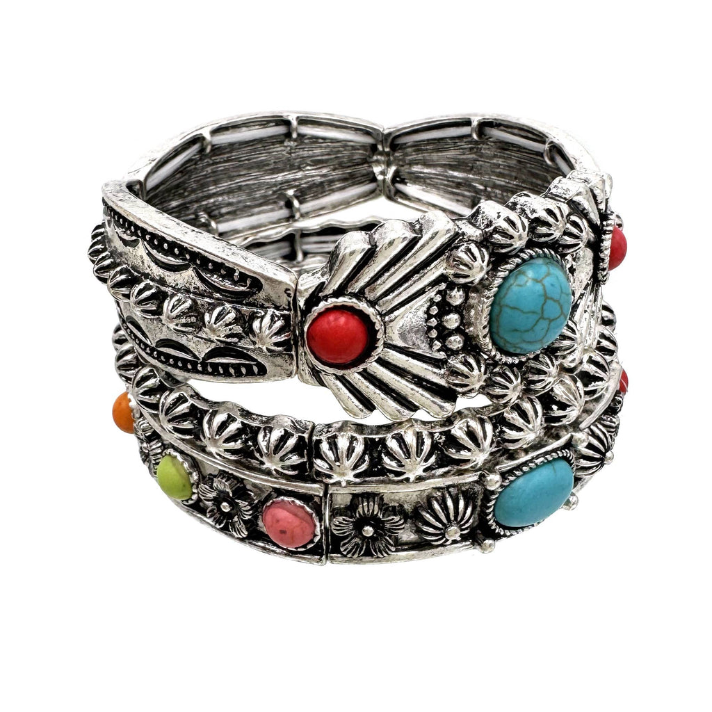Lunar Deer - Turquoise Flower Three Piece Western Chunky Stretch Bracelet - Turquoise