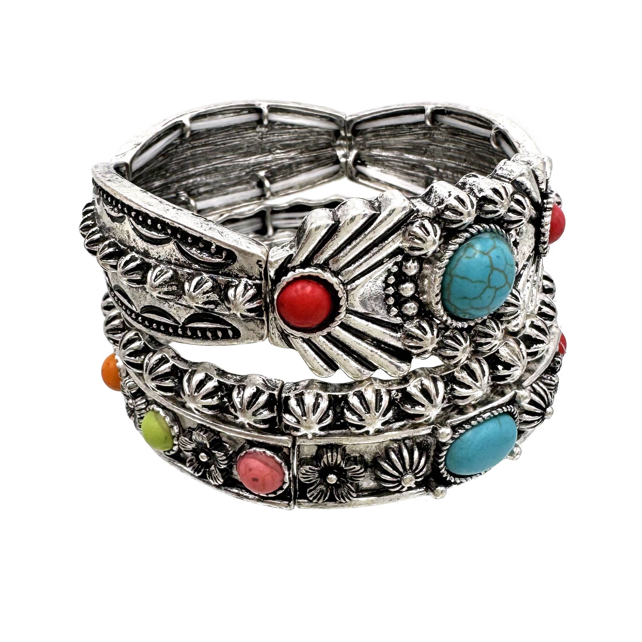 Lunar Deer - Turquoise Flower Three Piece Western Chunky Stretch Bracelet - Turquoise
