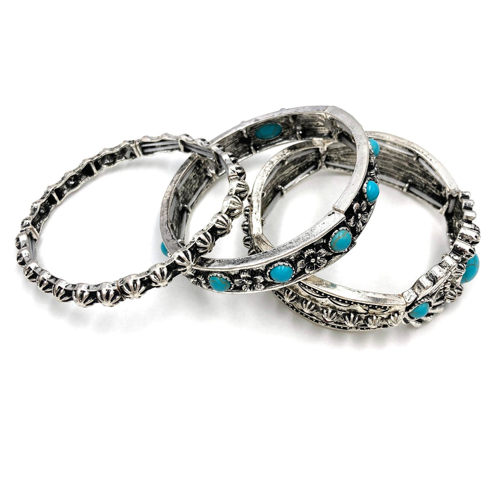 Lunar Deer - Turquoise Flower Three Piece Western Chunky Stretch Bracelet - Turquoise
