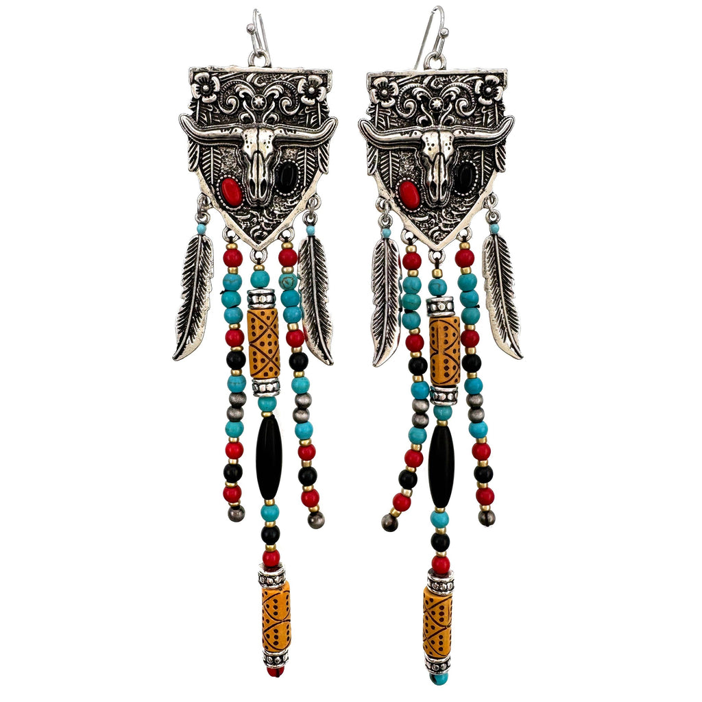 Lunar Deer - Longhorn Western Bohemian Turquoise Beaded Earrings - Black