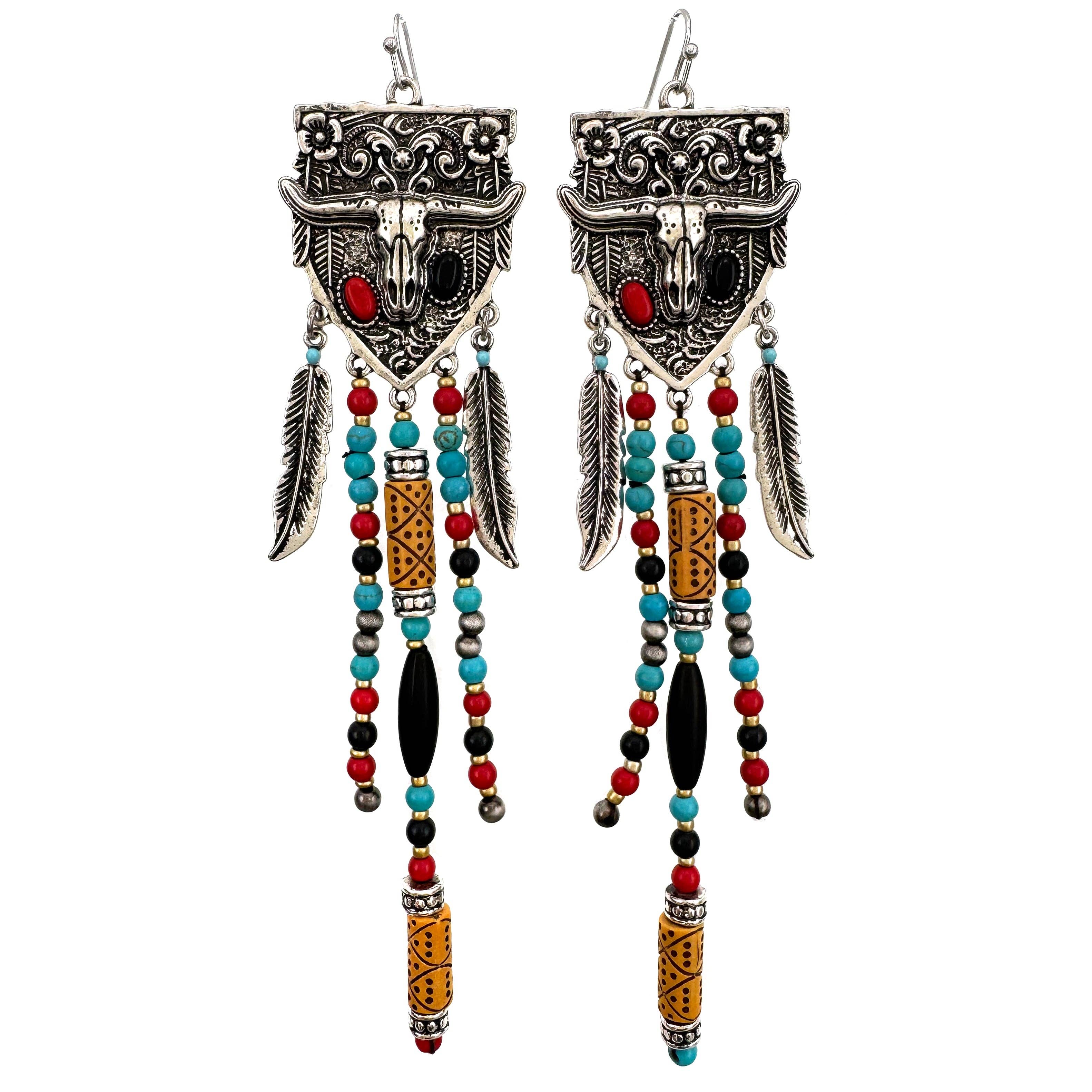 Lunar Deer - Longhorn Western Bohemian Turquoise Beaded Earrings - Black