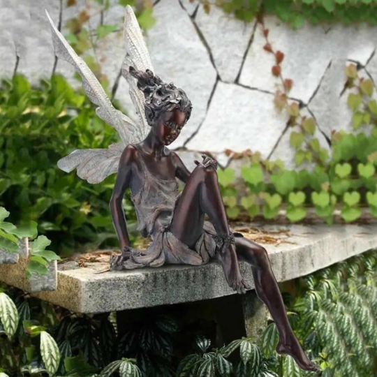 Brown Flower Fairy Statue Angel Wings Miniature Garden - 7''