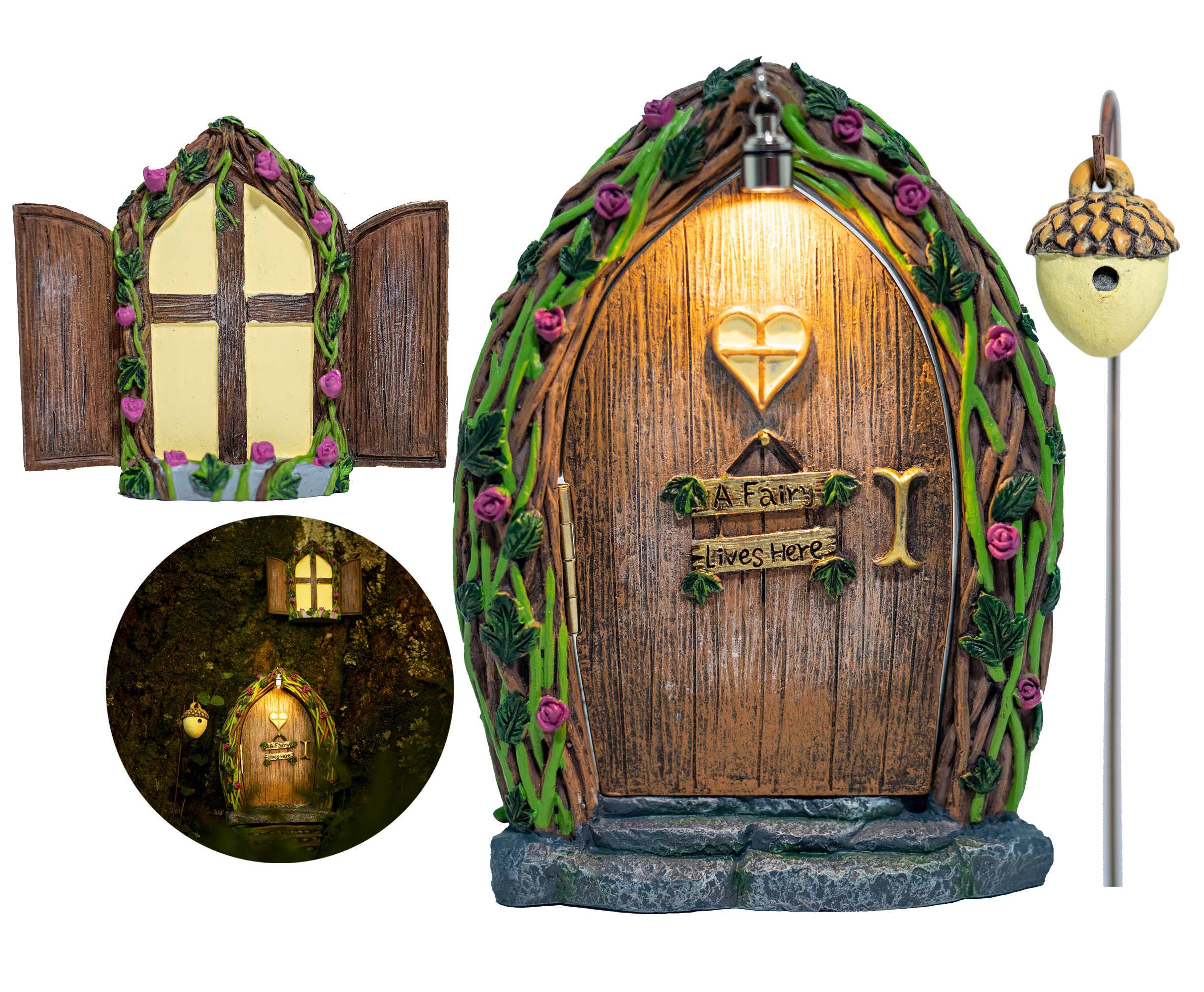 Tree Poetry - Opening Fairy Door and Window for Trees with Light yard art