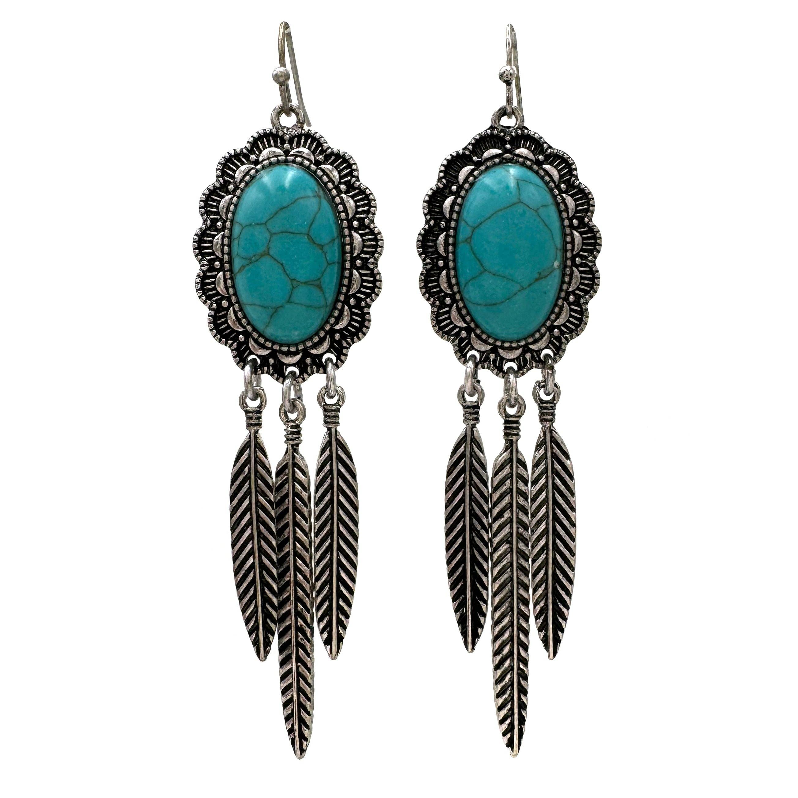 Lunar Deer - Turquoise Stone with Dangling Feather Earrings - Turquoise