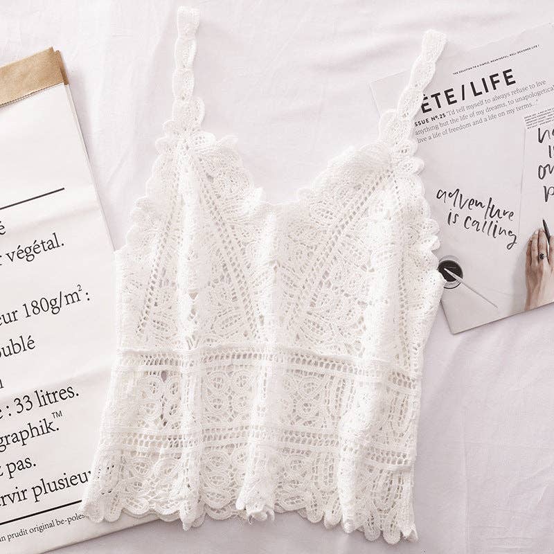 Funkyrel® Atzbranding Limited - Solid Color Crochet Lace Hollow Camisole Top - WHITE / AVERAGE