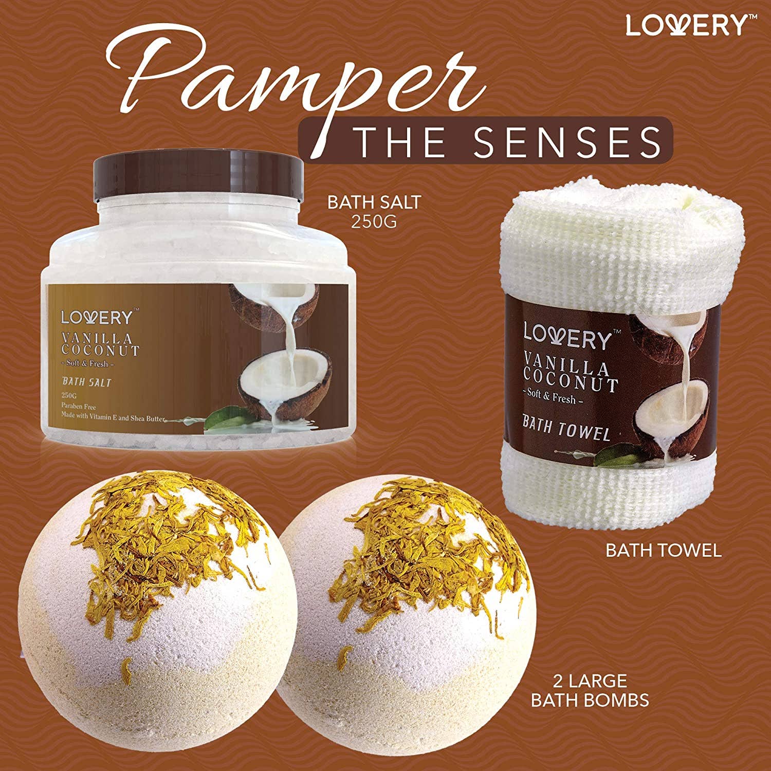 Lovery - Bath and Body Gift Basket, Vanilla Coconut Home Spa Set, 9PC