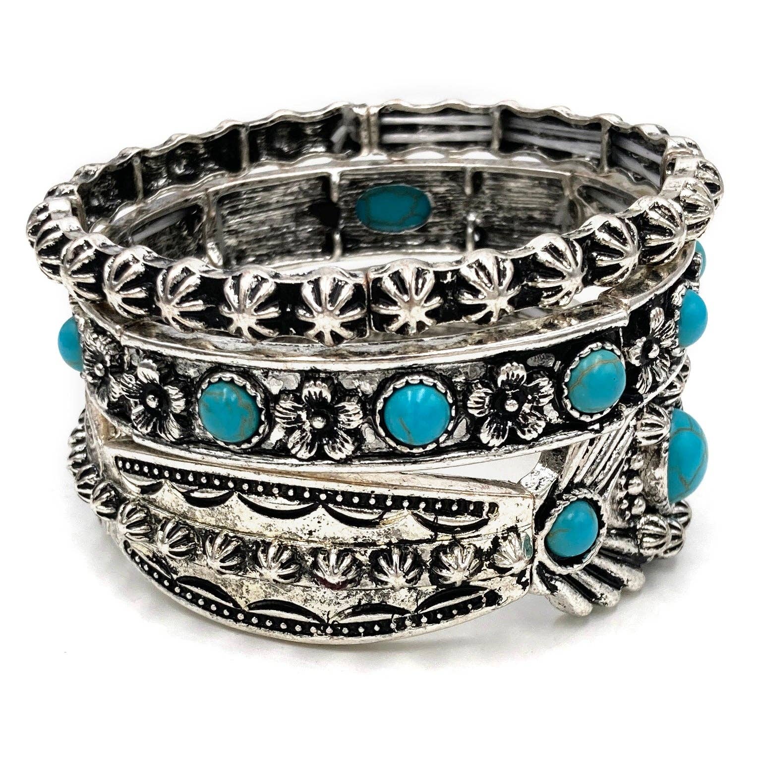 Lunar Deer - Turquoise Flower Three Piece Western Chunky Stretch Bracelet - Turquoise