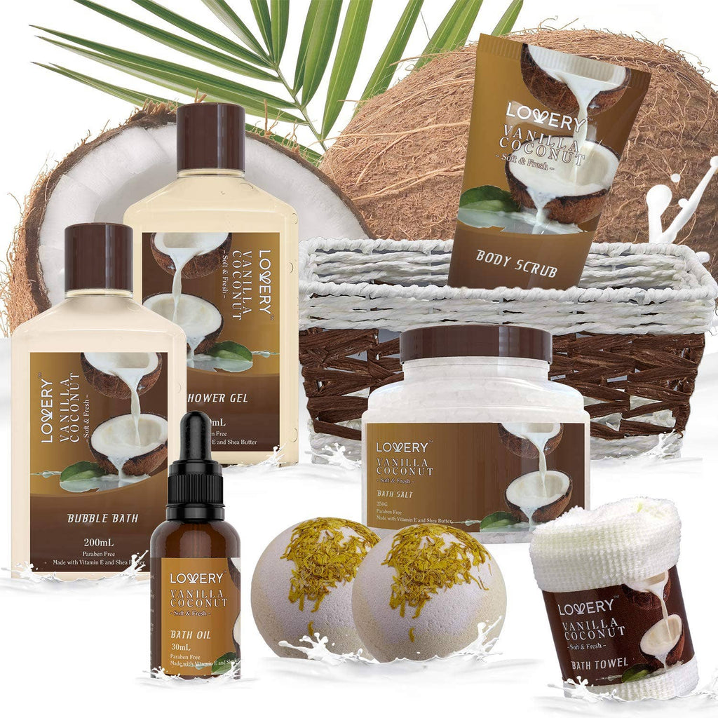 Lovery - Bath and Body Gift Basket, Vanilla Coconut Home Spa Set, 9PC