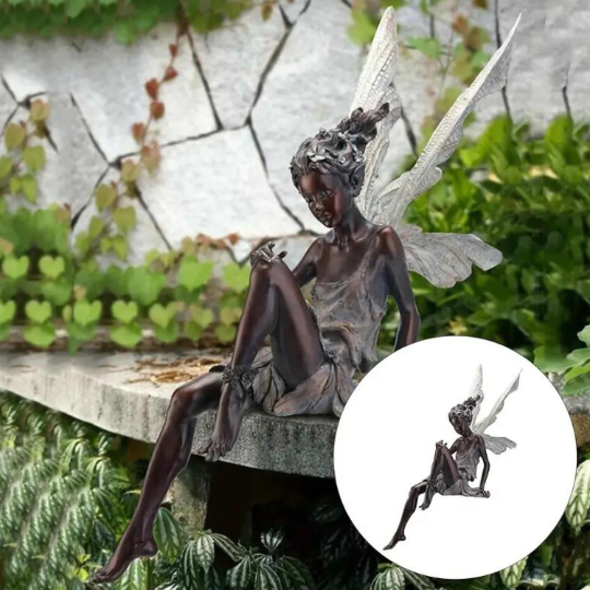 Brown Flower Fairy Statue Angel Wings Miniature Garden - 7''