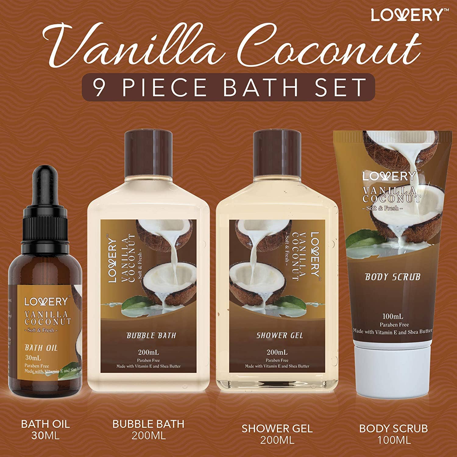 Lovery - Bath and Body Gift Basket, Vanilla Coconut Home Spa Set, 9PC