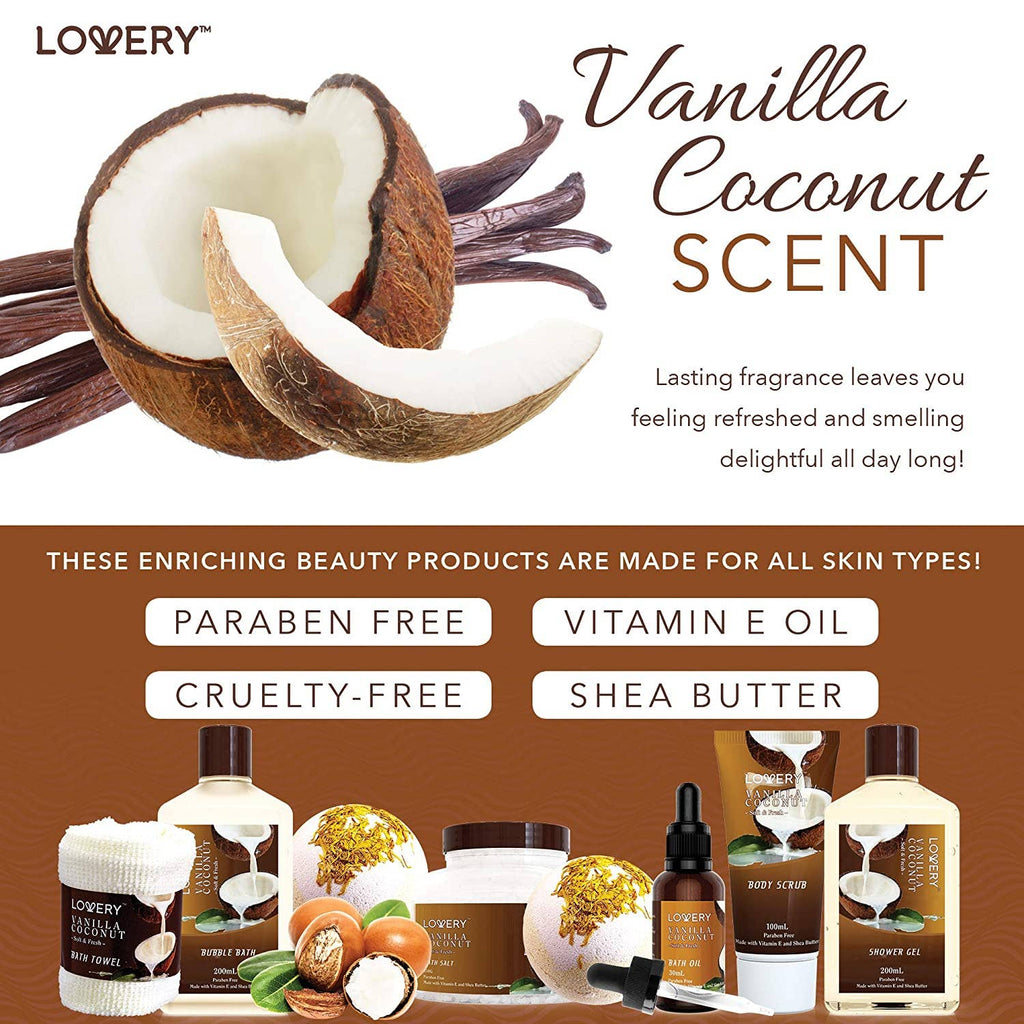 Lovery - Bath and Body Gift Basket, Vanilla Coconut Home Spa Set, 9PC