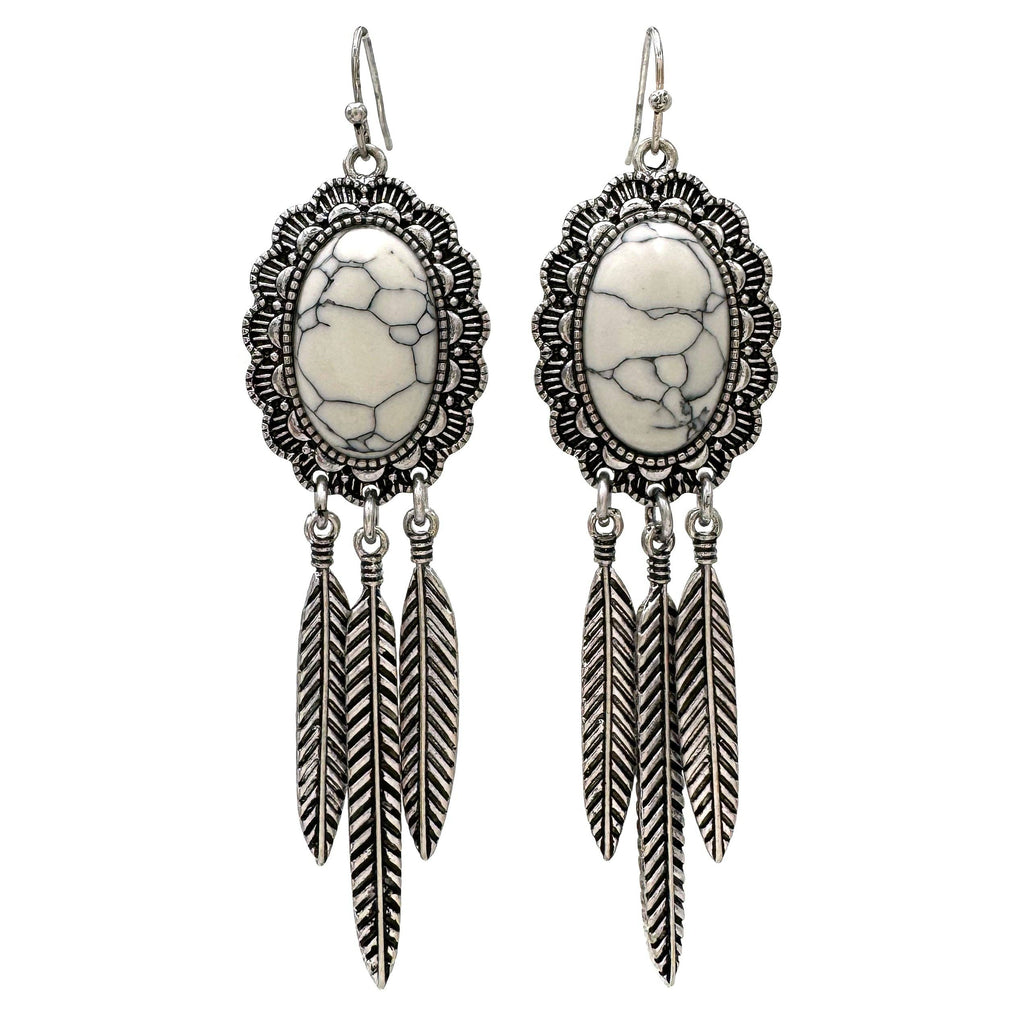 Lunar Deer - Turquoise Stone with Dangling Feather Earrings - Turquoise