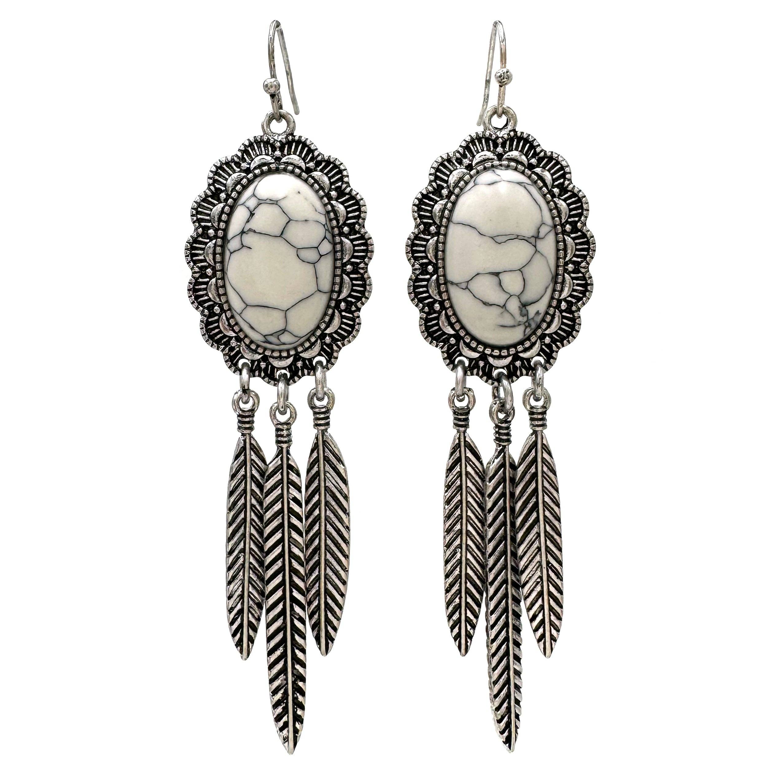 Lunar Deer - Turquoise Stone with Dangling Feather Earrings - Turquoise