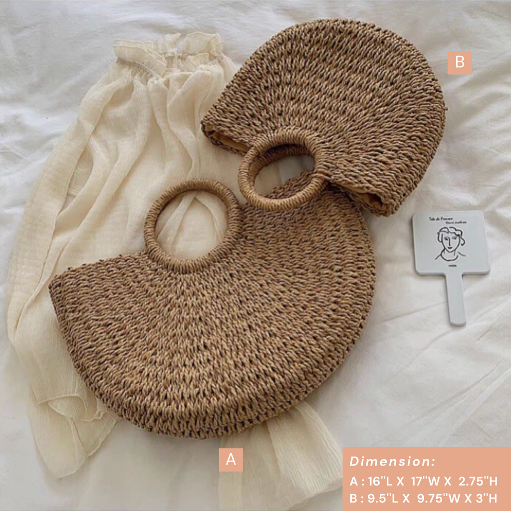DrifWoo - Handwoven Artisanal Half-moon Straw Tote Bags  - Beige / M