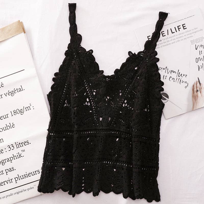 Funkyrel® Atzbranding Limited - Solid Color Crochet Lace Hollow Camisole Top - WHITE / AVERAGE