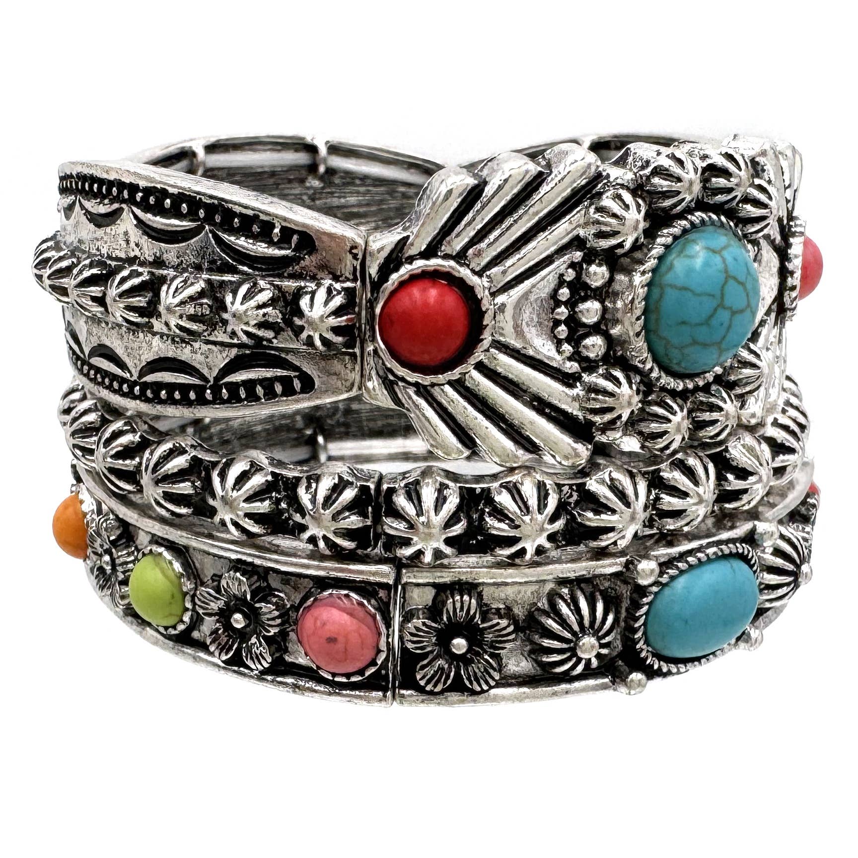 Lunar Deer - Turquoise Flower Three Piece Western Chunky Stretch Bracelet - Turquoise
