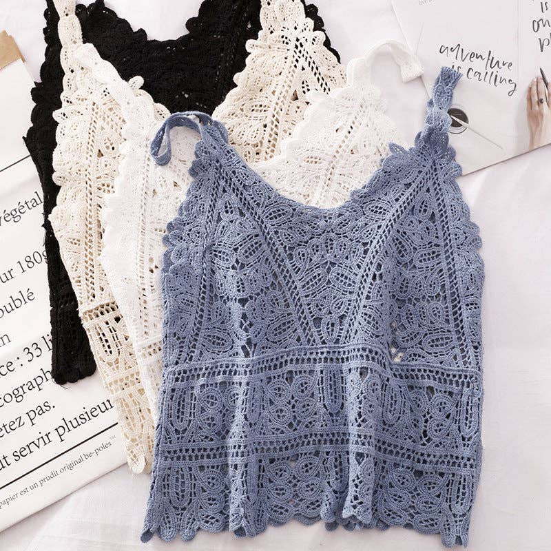 Funkyrel® Atzbranding Limited - Solid Color Crochet Lace Hollow Camisole Top - WHITE / AVERAGE