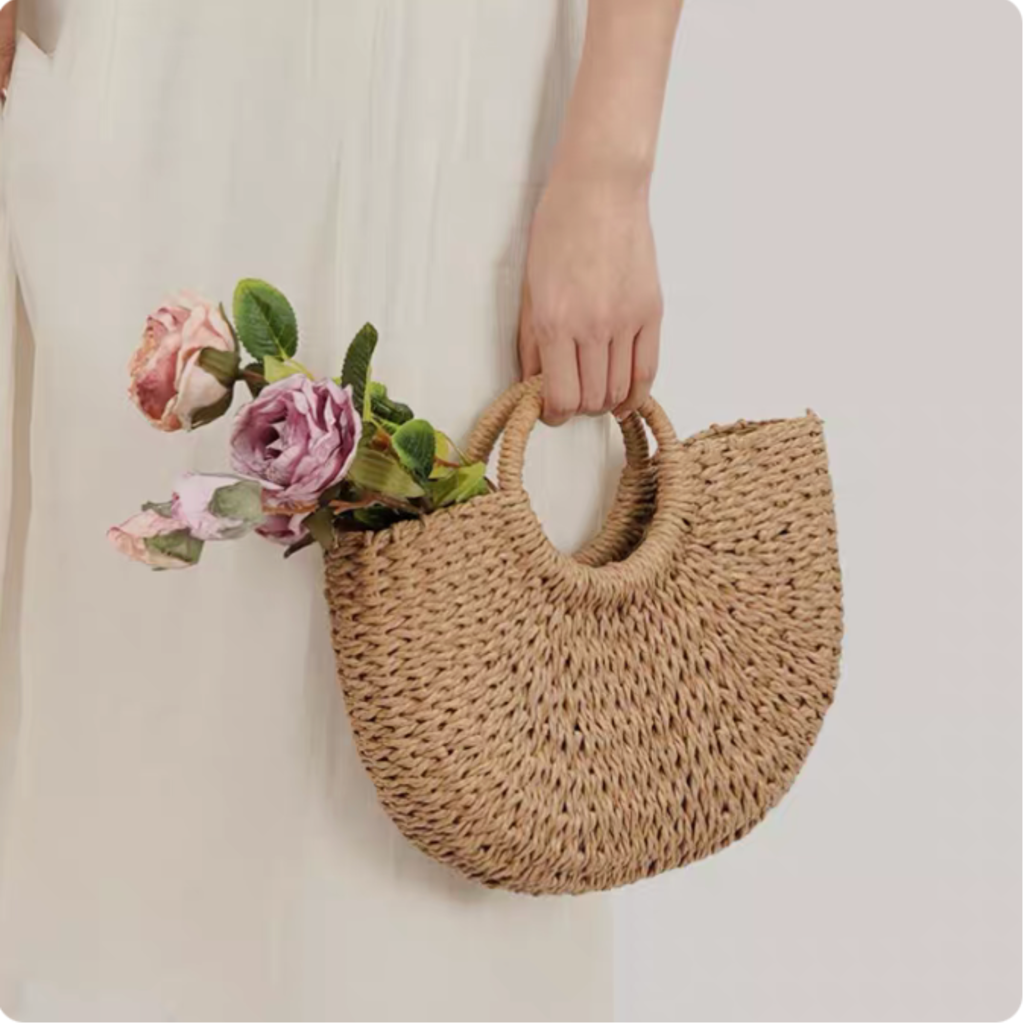 DrifWoo - Handwoven Artisanal Half-moon Straw Tote Bags  - Beige / XS