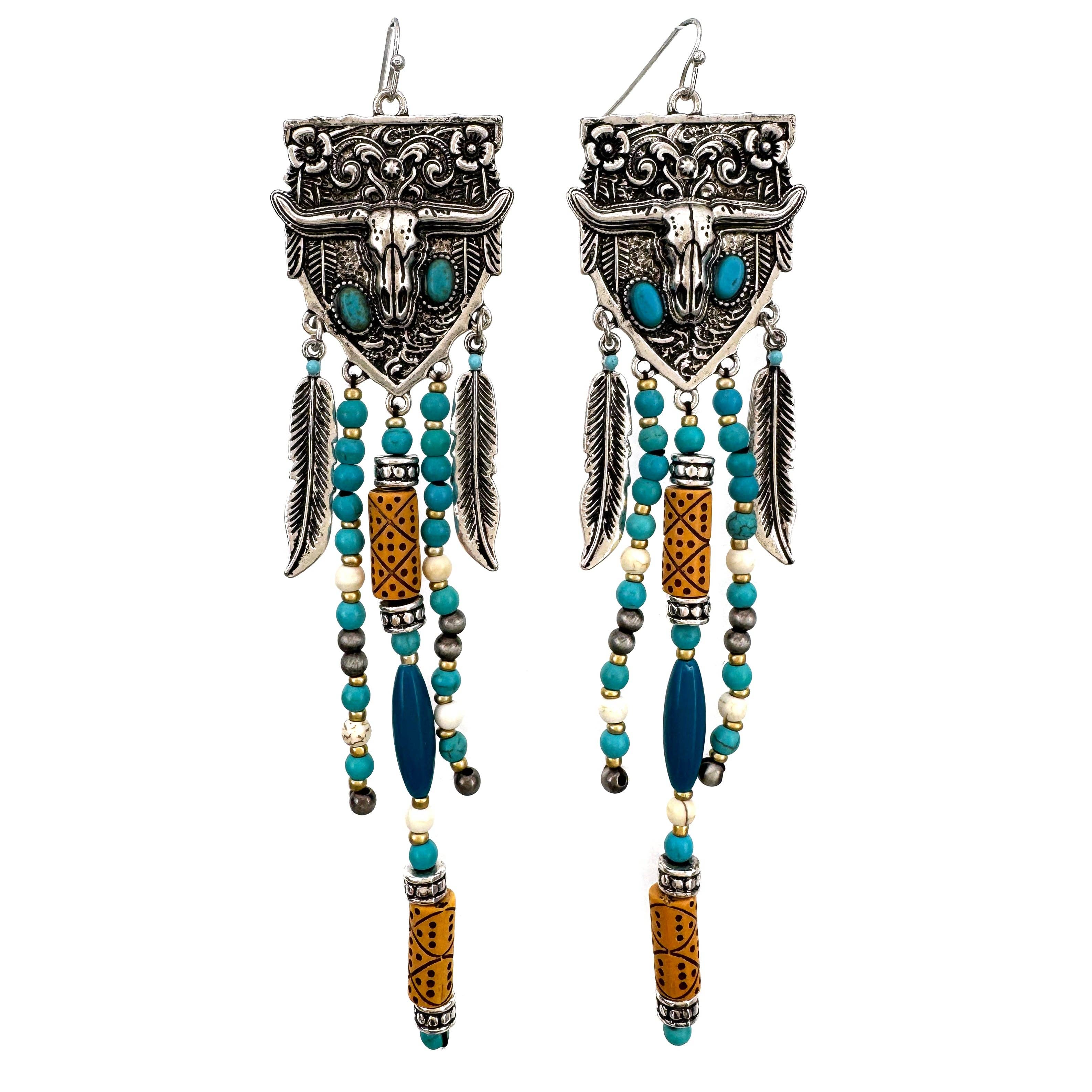Lunar Deer - Longhorn Western Bohemian Turquoise Beaded Earrings - Black