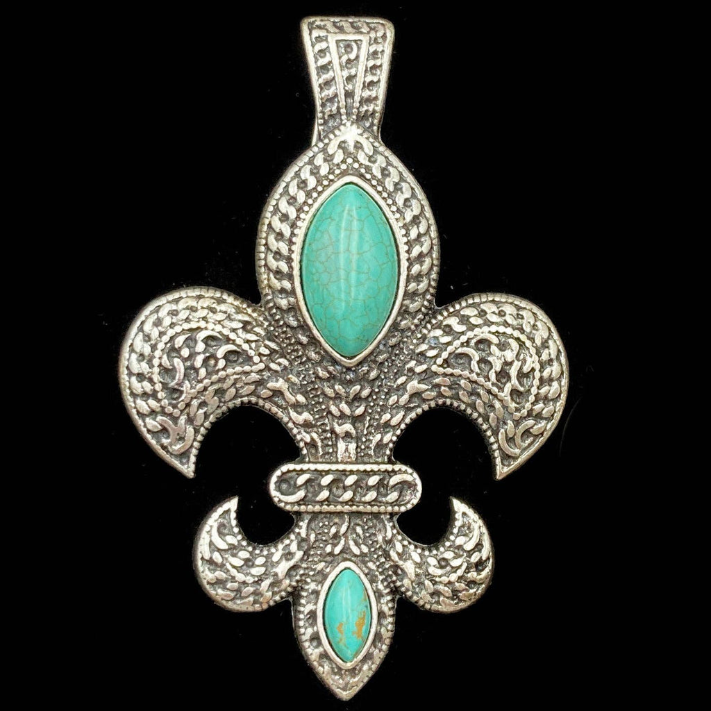 Lunar Deer - Fleur De Lis Western Rhinestone Turquoise Magnetic Pendant - Turquoise and Rhinestones
