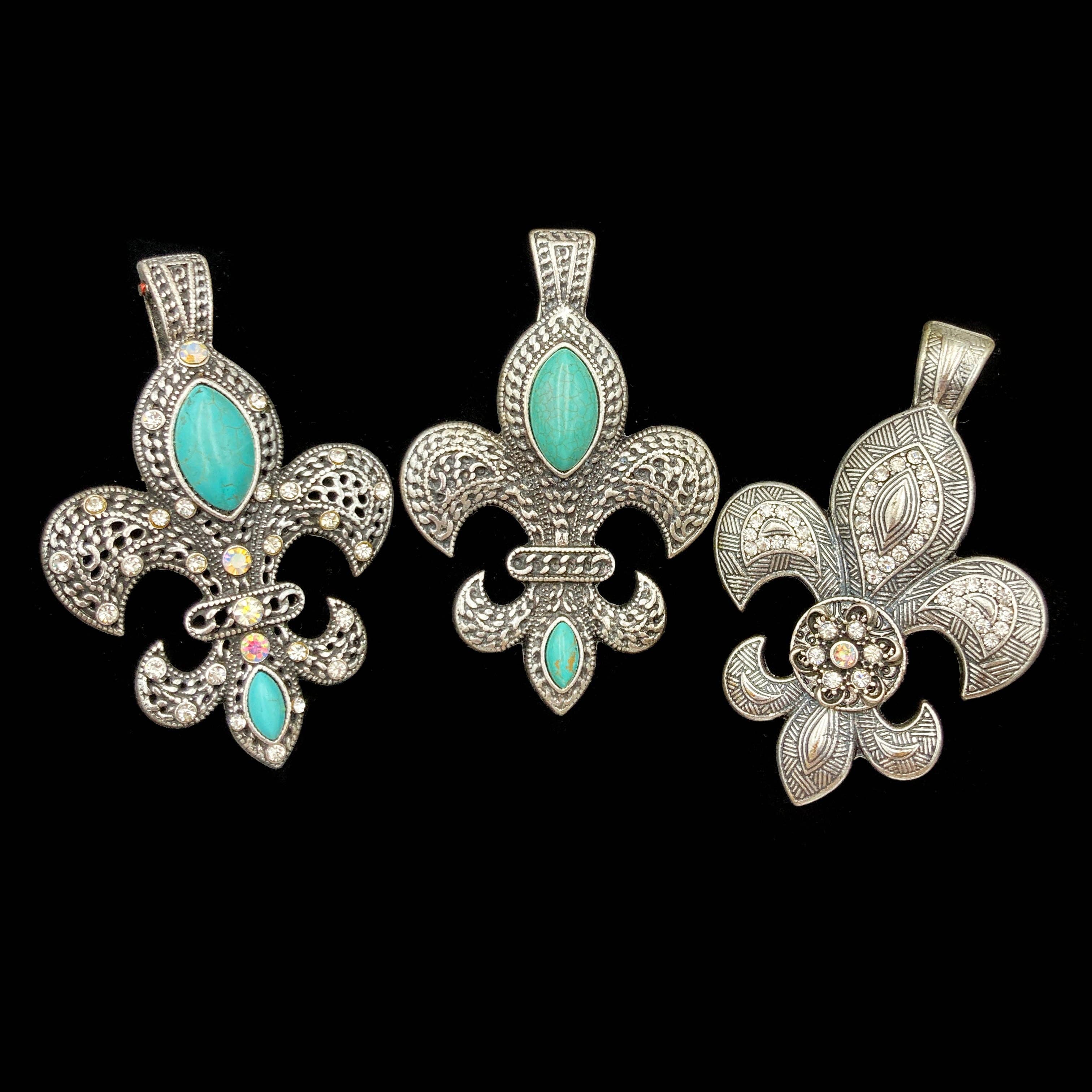 Lunar Deer - Fleur De Lis Western Rhinestone Turquoise Magnetic Pendant - Turquoise and Rhinestones
