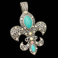 Lunar Deer - Fleur De Lis Western Rhinestone Turquoise Magnetic Pendant - Turquoise and Rhinestones