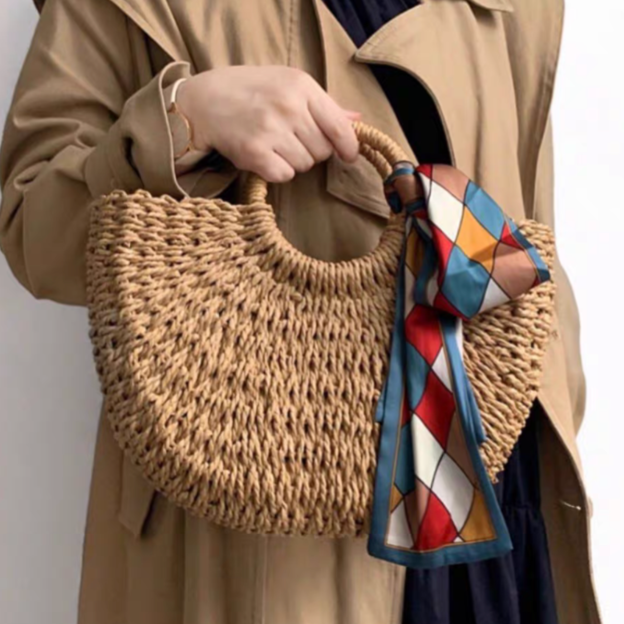 DrifWoo - Handwoven Artisanal Half-moon Straw Tote Bags  - Beige / XS