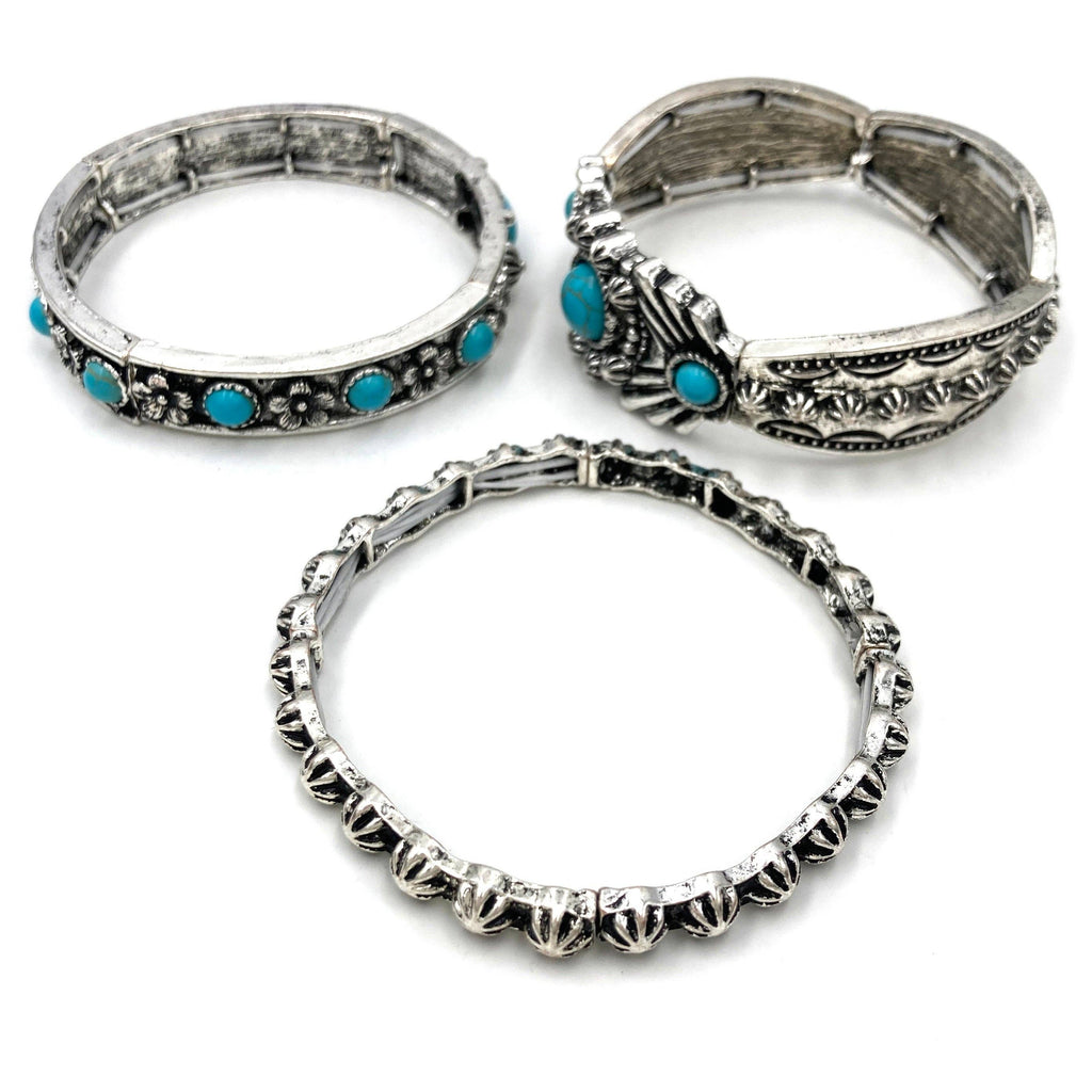 Lunar Deer - Turquoise Flower Three Piece Western Chunky Stretch Bracelet - Turquoise
