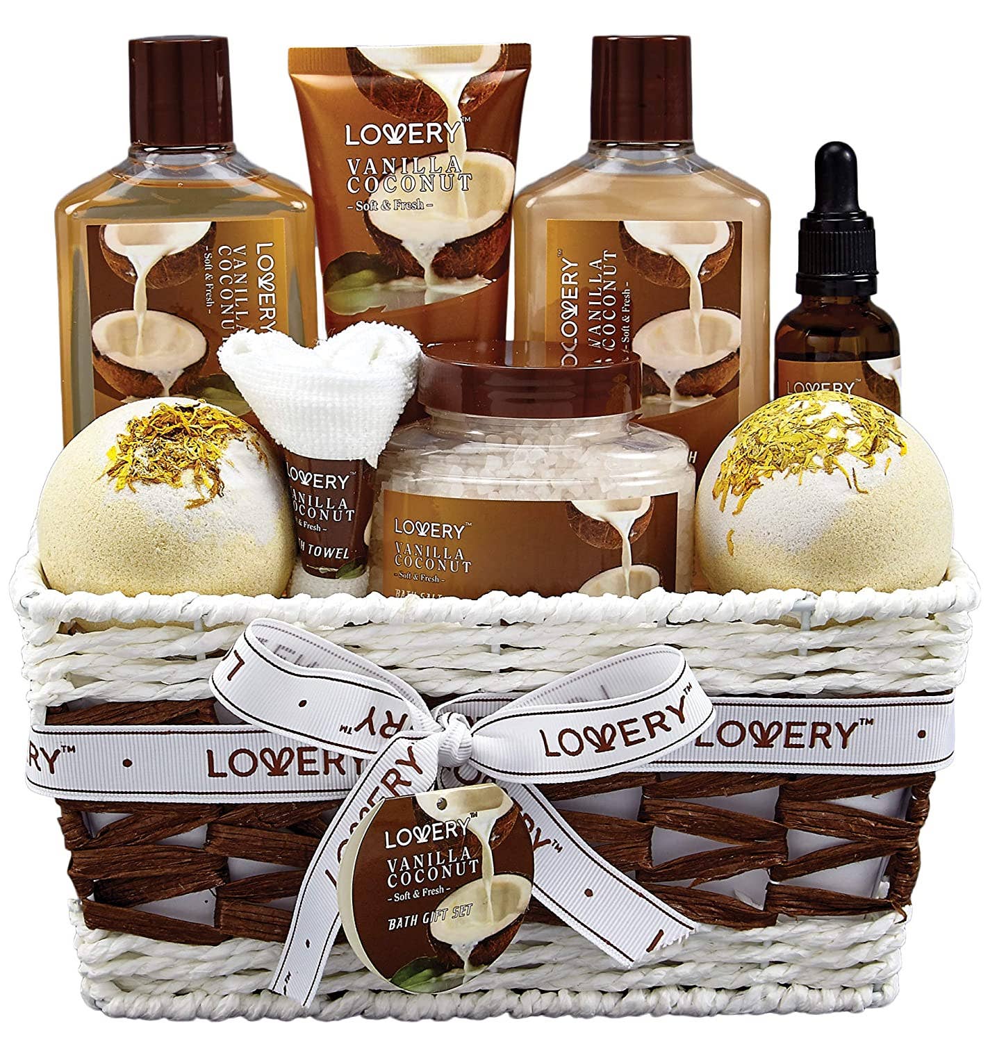 Lovery - Bath and Body Gift Basket, Vanilla Coconut Home Spa Set, 9PC